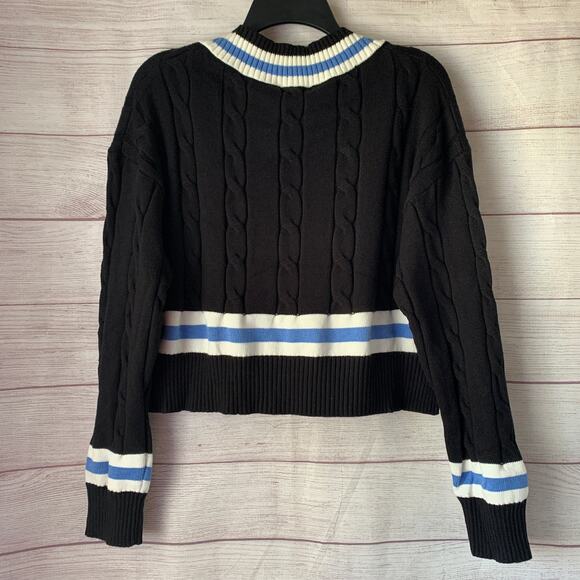 Balboa Fashion Cable Knit Tennis Sweater Black Blue Striped Crop With Tag Size L - Picture 5 of 16